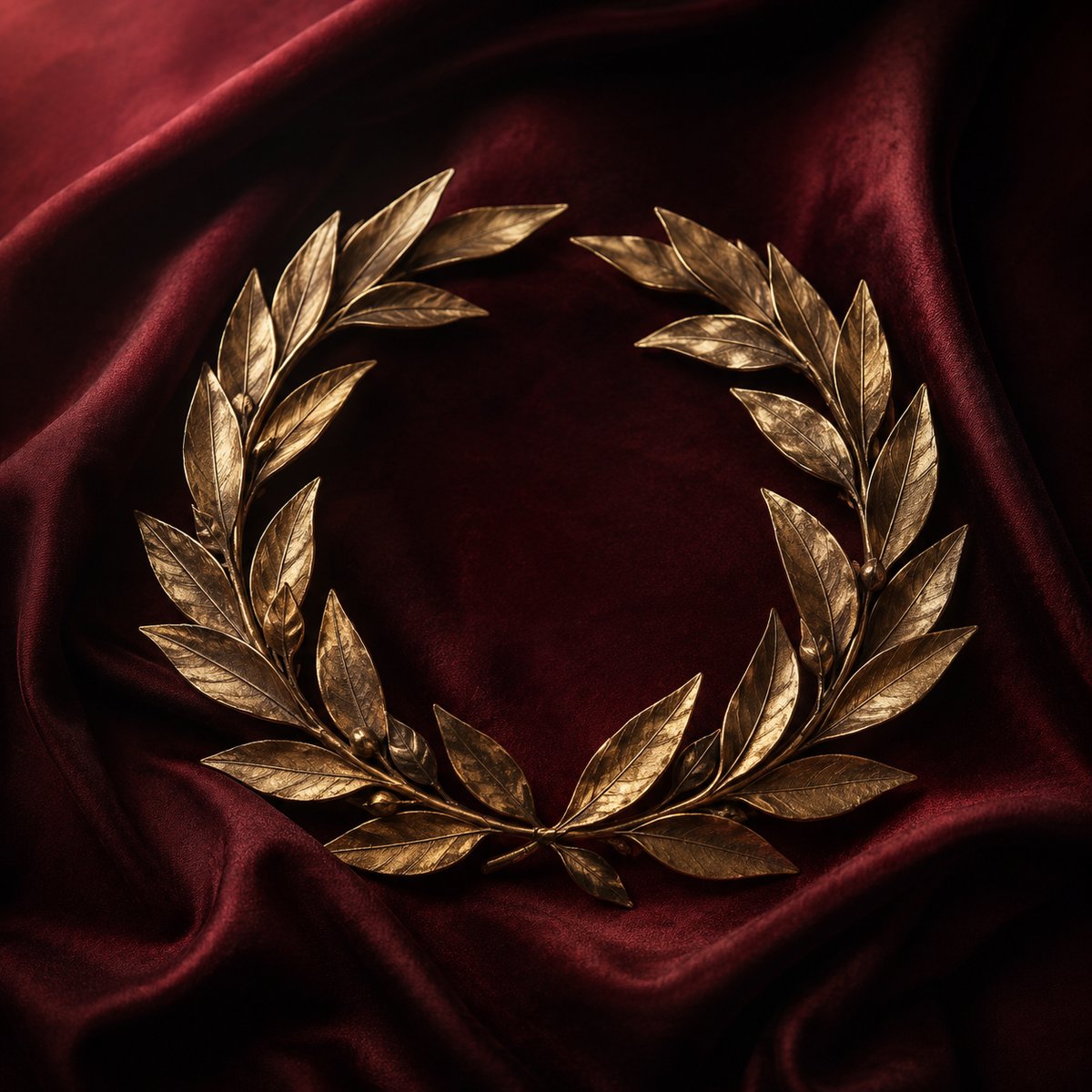 버건디 벨벳 위의 금 월계관 — gilded laurel wreath on burgundy velvet